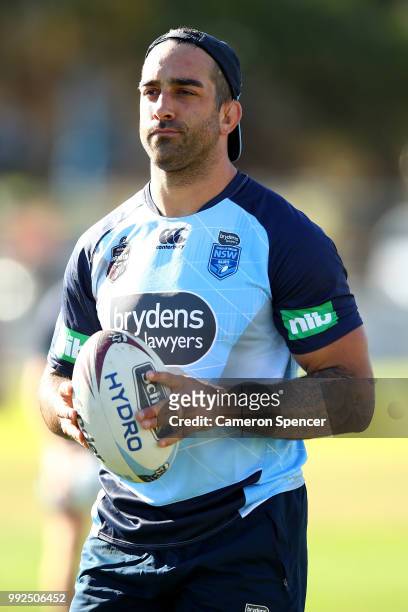 Paul Vaughan of the Blues looks on during a New South Wales Blues State of Origin training session at Coogee Oval on July 6, 2018 in Sydney,...