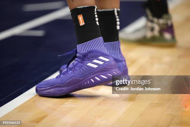 Sneakers of Nneka Ogwumike of the Los Angeles Sparks during game against the Minnesota Lynx on July 5, 2018 at Target Center in Minneapolis,...