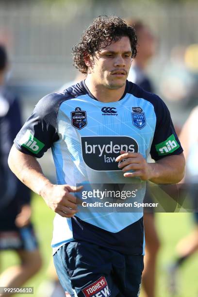 James Roberts of the Blues warms up during a New South Wales Blues State of Origin training session at Coogee Oval on July 6, 2018 in Sydney,...
