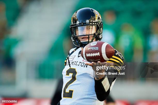 Johnny Manziel of the Hamilton Tiger-Cats on the field during pregame warmup before the game between the Hamilton Tiger-Cats and Saskatchewan...