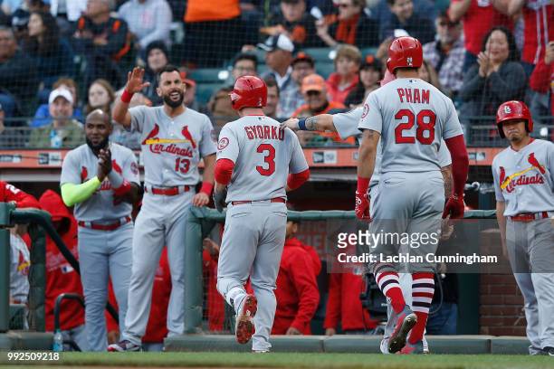 Jedd Gyorko of the St Louis Cardinals celebrates with teammates after hitting a three-run home run in the first inning against the San Francisco...