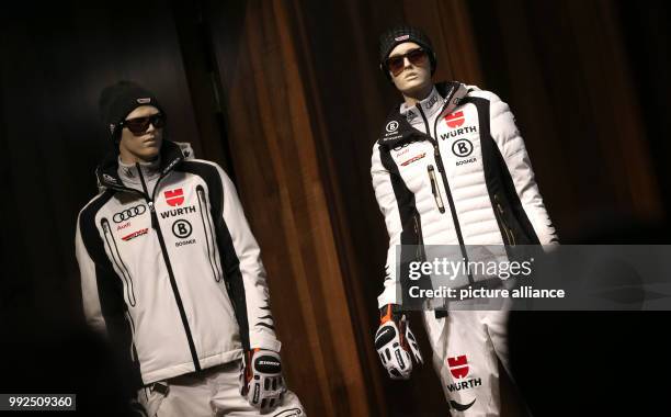 Dummies are dressed in the new clothing of the alpine German Ski Association athletes during a press conference for the outfitting of the German Ski...