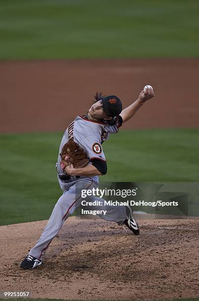 Pitcher Tim Lincecum of the San Francisco Giants pitches during a MLB game against the Florida Marlins in Sun Life Stadium on May 4, 2010 in Miami,...