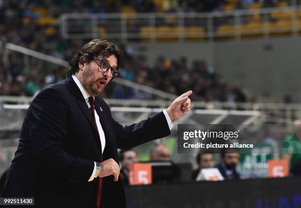 Bamberg's coach Andrea Trinchieri gestures at the sidelines during the Euroleague basketball match between Panathinaikos Athens and Brose Bamberg in...