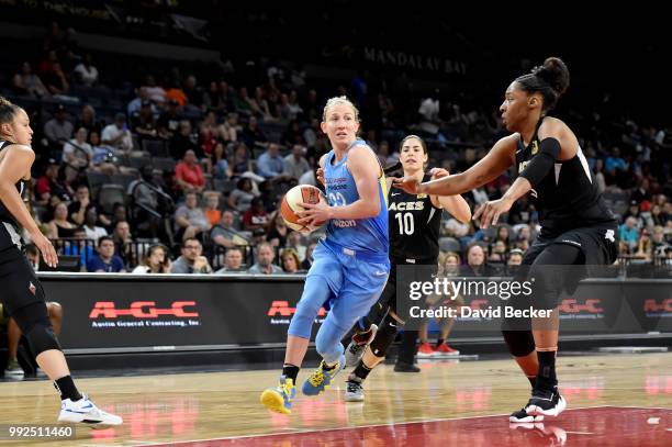 Courtney Vandersloot of the Chicago Sky handles the ball against the Las Vegas Aces on July 5, 2018 at the Mandalay Bay Events Center in Las Vegas,...