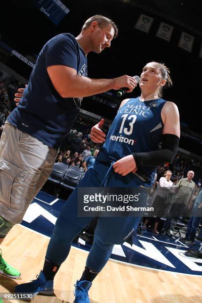 Lindsay Whalen of the Minnesota Lynx speaks with media after the game against the Los Angeles Sparks on July 5, 2018 at Target Center in Minneapolis,...