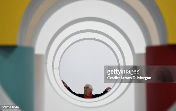 Artist Daniel Buren with his work 'Like Child's Play ' at Carriageworks on July 6, 2018 in Sydney, Australia. It is Buren's first solo show in...