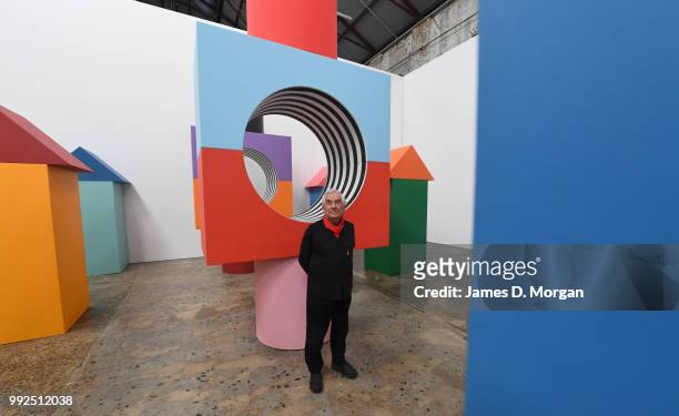 Artist Daniel Buren with his work 'Like Child's Play ' at Carriageworks on July 6, 2018 in Sydney, Australia. It is Buren's first solo show in...