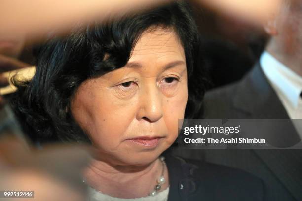 Former abductee by North Korea Hitomi Soga speaks to media reporters after her meeting with Prime Minister Shinzo Abe at the prime minister's...