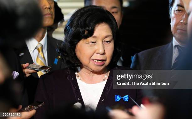 Former abductee by North Korea Hitomi Soga speaks to media reporters after her meeting with Prime Minister Shinzo Abe at the prime minister's...