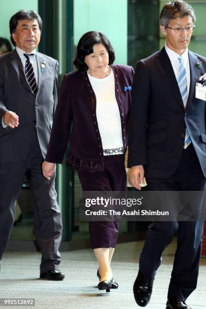 Former abductee by North Korea Hitomi Soga is seen on arrival at the prime minister's official residence on July 5, 2018 in Tokyo, Japan. Soga and...