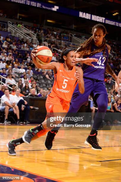 Jasmine Thomas of the Connecticut Sun handles the ball against the Phoenix Mercury on July 5, 2018 at Talking Stick Resort Arena in Phoenix, Arizona....