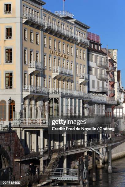 external view of the grand hotel les trois rois (three kings).  basel. switzerland. - trois stock pictures, royalty-free photos & images