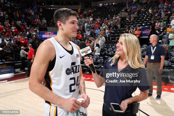 Grayson Allen of the Utah Jazz speaks to the media after the game against the Atlanta Hawks on July 5, 2018 at Vivint Smart Home Arena in Salt Lake...