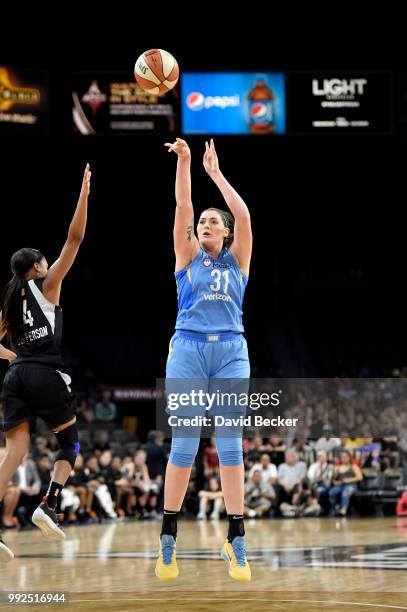 Stefanie Dolson of the Chicago Sky shoots the ball against the Las Vegas Aces on July 5, 2018 at the Mandalay Bay Events Center in Las Vegas, Nevada....