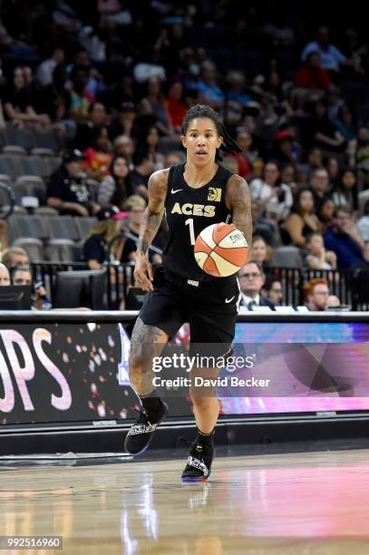 Tamera Young of the Las Vegas Aces handles the ball against the Chicago Sky on July 5, 2018 at the Mandalay Bay Events Center in Las Vegas, Nevada....