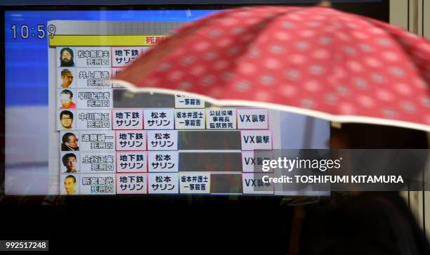 Pedestrian walks past a screen flashing news on the execution of Shoko Asahara and 6 members of the Aum Shinrikyo cult, in Tokyo on July 6, 2018. -...