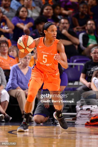 Jasmine Thomas of the Connecticut Sun handles the ball against the Phoenix Mercury on July 5, 2018 at Talking Stick Resort Arena in Phoenix, Arizona....