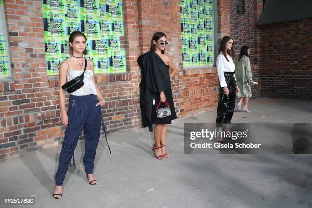 Lisa-Marie Koroll, Nilam Farooq und Luise Befort attend the HUGO show during the Berlin Fashion Week Spring/Summer 2019 at Motorwerk on July 5, 2018...