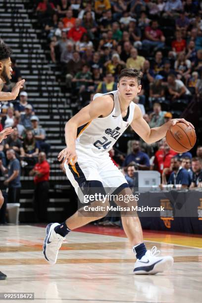 Grayson Allen of the Utah Jazz handles the ball against the Atlanta Hawks on July 5, 2018 at Vivint Smart Home Arena in Salt Lake City, Utah. NOTE TO...