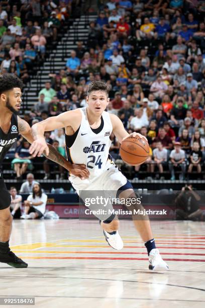 Grayson Allen of the Utah Jazz handles the ball against the Atlanta Hawks on July 5, 2018 at Vivint Smart Home Arena in Salt Lake City, Utah. NOTE TO...