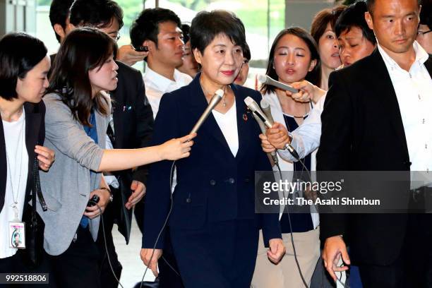 Justice Minister Yoko Kamikawa is seen on arrival at the prime minister's official residence to attend a cabinet meeting on July 6, 2018 in Tokyo,...