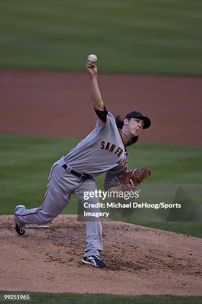 Pitcher Tim Lincecum of the San Francisco Giants pitches during a MLB game against the Florida Marlins in Sun Life Stadium on May 4, 2010 in Miami,...