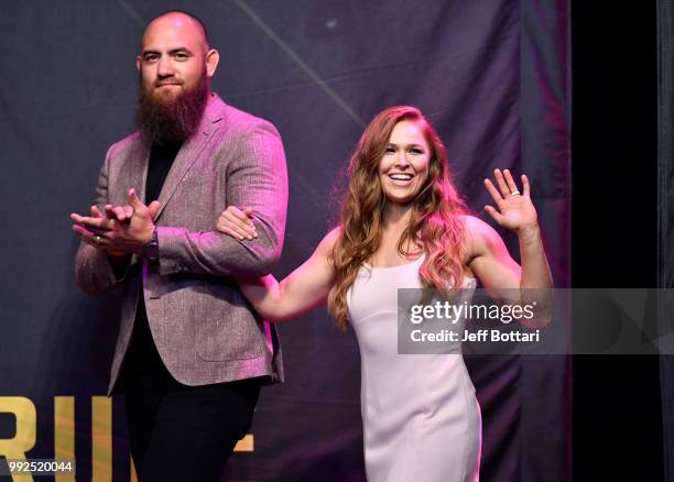 Ronda Rousey walks on stage with husband Travis Browne during the UFC Hall of Fame Class of 2018 Induction Ceremony inside The Pearl concert theater...