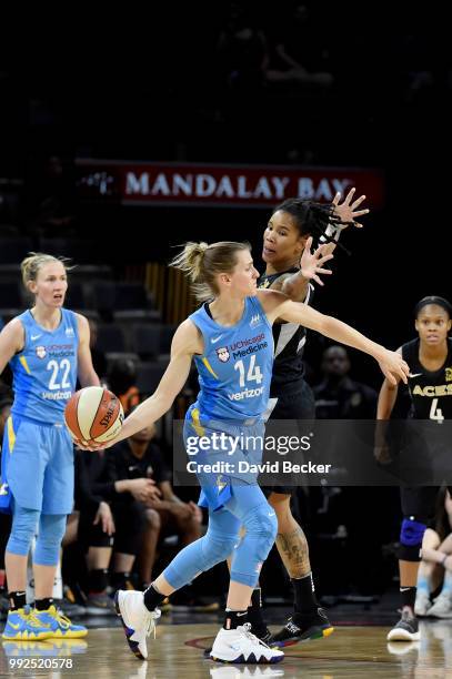 Allie Quigley of the Chicago Sky looks to pass against the Las Vegas Aces on July 5, 2018 at the Mandalay Bay Events Center in Las Vegas, Nevada....