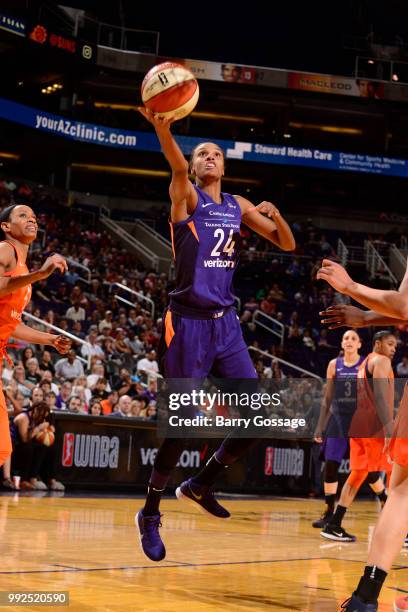 DeWanna Bonner of the Phoenix Mercury goes to the basket against the Connecticut Sun on July 5, 2018 at Talking Stick Resort Arena in Phoenix,...