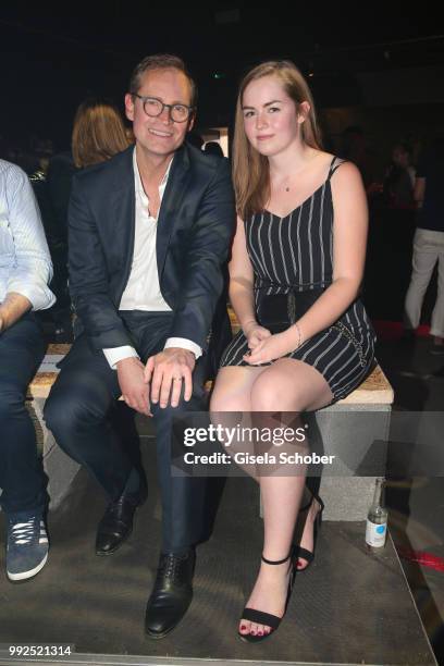 Major Michael Mueller and his daughter Nina Mueller attend the HUGO show during the Berlin Fashion Week Spring/Summer 2019 at Motorwerk on July 5,...