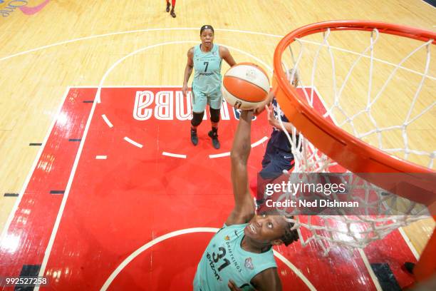 Tina Charles of the New York Liberty grabs the rebound against the Washington Mystics on July 5, 2018 at the Verizon Center in Washington, DC. NOTE...