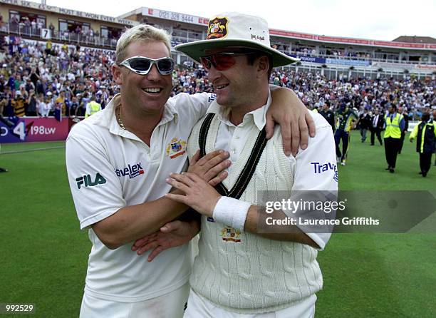 Shane Warne of Australia celebrates winning the 1st test with Mark Waugh during the 4th day of the npower Ashes first test match between England v...