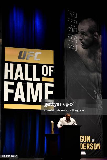 Dan Henderson speaks after being inducted into the UFC Hall of Fame during the UFC Hall of Fame Class of 2018 Induction Ceremony inside The Pearl...