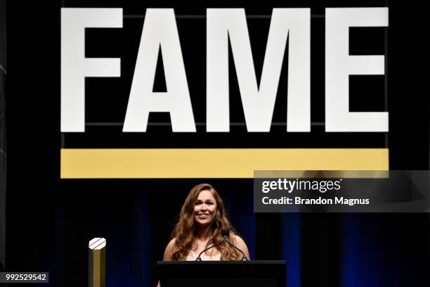 Ronda Rousey speaks after her induction into the UFC Hall of Fame during the UFC Hall of Fame Class of 2018 Induction Ceremony inside The Pearl...