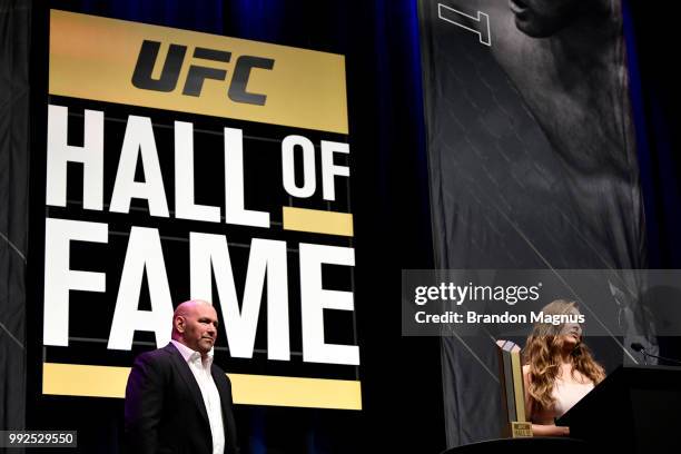 Ronda Rousey speaks after her induction into the UFC Hall of Fame during the UFC Hall of Fame Class of 2018 Induction Ceremony inside The Pearl...