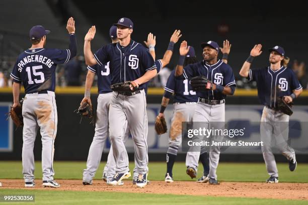Wil Myers, Manuel Margot and Travis Jankowski of the San Diego Padres celebrate the win over the Arizona Diamondbacks with teammates at Chase Field...