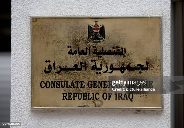 Remains of the scribblings can be seen on the sign of the consulate general of Iraq in Frankfurt am Main, Germany, 21 October 2017. Previously,...