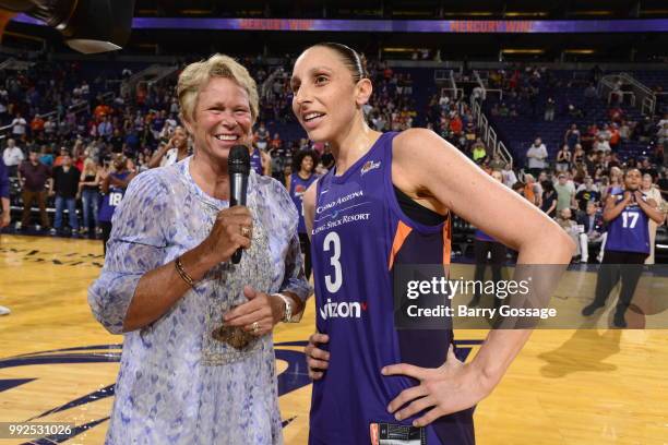 Diana Taurasi of the Phoenix Mercury speaks with media after the game against the Connecticut Sun on July 5, 2018 at Talking Stick Resort Arena in...