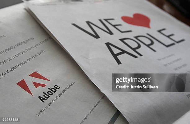 Full page ad by Adobe Systems is displayed on the back of the San Francisco Chronicle business section May 13, 2010 in San Francisco, California....