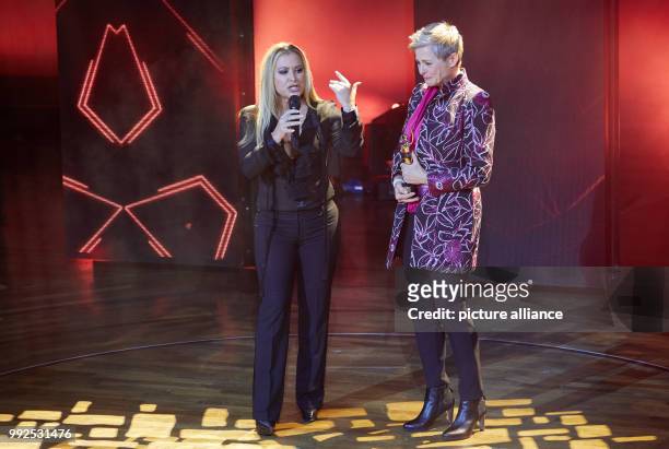 Singer Anastacia and award winner Barbara Staecker standing onstage during the the award ceremony of the "Goldene Bild der Frau" in Hamburg, 21...