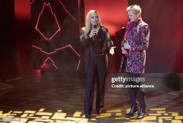 Singer Anastacia and award winner Barbara Staecker standing onstage during the the award ceremony of the "Goldene Bild der Frau" in Hamburg, 21...