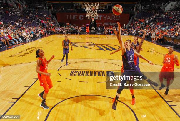 Diana Taurasi of the Phoenix Mercury shoots the ball against the Connecticut Sun on July 5, 2018 at Talking Stick Resort Arena in Phoenix, Arizona....