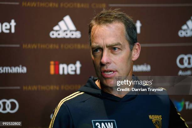 Hawthorn Senior coach Alastair Clarkson speaks to the media before a Hawthorn Hawks AFL Training Session at Waverley Park on July 6, 2018 in...