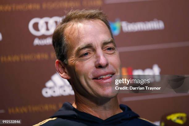 Hawthorn Senior coach Alastair Clarkson speaks to the media before a Hawthorn Hawks AFL Training Session at Waverley Park on July 6, 2018 in...