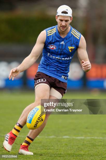 Luke Breust of the Hawks tales part during a Hawthorn Hawks AFL Training Session at Waverley Park on July 6, 2018 in Melbourne, Australia.