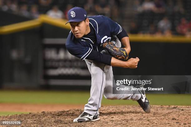 Kazuhisa Makita of the San Diego Padres delivers a pitch in the eight inning of the MLB game against the Arizona Diamondbacks at Chase Field on July...