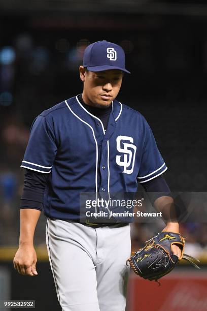Kazuhisa Makita of the San Diego Padres reacts after pitching in the eight inning of the MLB game against the Arizona Diamondbacks at Chase Field on...