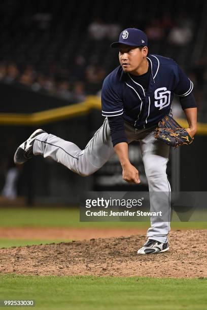 Kazuhisa Makita of the San Diego Padres delivers a pitch in the eight inning of the MLB game against the Arizona Diamondbacks at Chase Field on July...