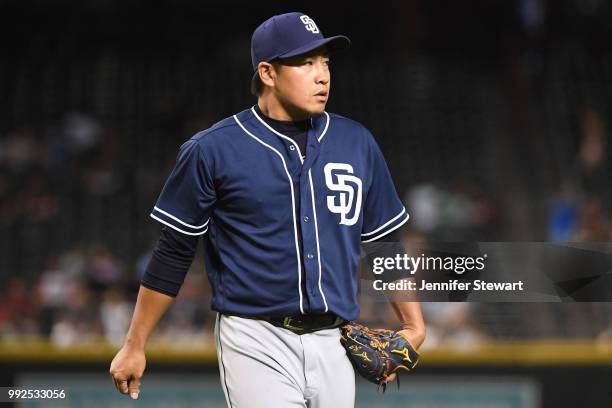 Kazuhisa Makita of the San Diego Padres reacts after pitching in the eight inning of the MLB game against the Arizona Diamondbacks at Chase Field on...